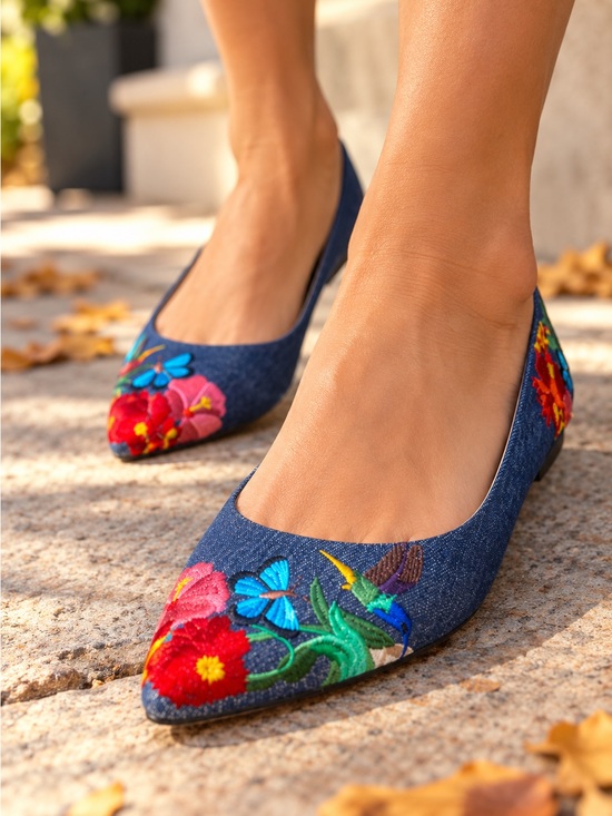Nine West Shoes - Nine West Suziella Obedience Denim Floral Embroidered Pointed Toe Flats 7.5 M